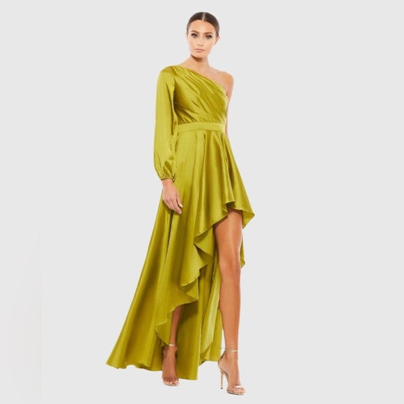 MAC DUGGAL Green High Low One Shoulder Flowy Gown in Chartreuse 2 - Picture 2 of 9